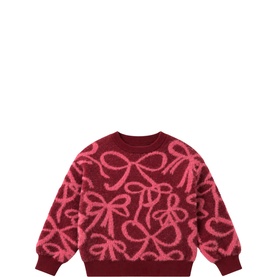 Angel & Rocket pink and burgundy bow-print knit jumper with crew neck and ribbed cuffs, allover fluffy bow pattern