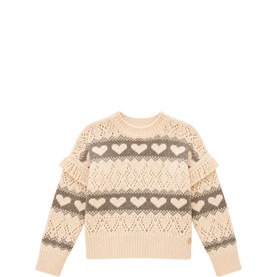 Angel & Rocket cream and burgundy fair isle heart-pattern jumper with ruffle shoulder detail, crew neck, ribbed cuffs and hem