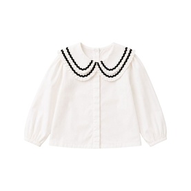 Angel & Rocket white cotton shirt with double Peter Pan collar trimmed in black scallop lace detailing, long puffed sleeves