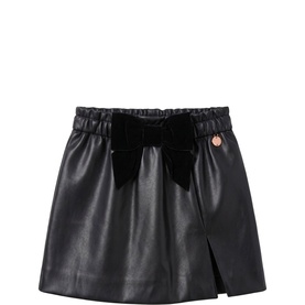 Black faux leather mini skirt with velvet bow waistband, elasticated waist, and front split detail