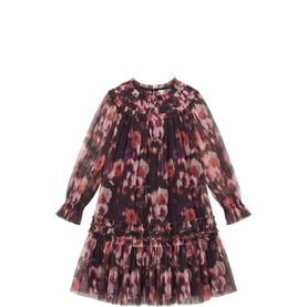 Angel & Rocket dark floral long-sleeve tiered chiffon dress with smocked neckline and ruffle hem detail