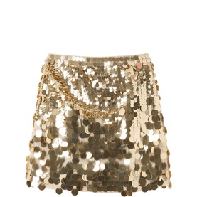 Gold large sequin mini skirt with draped gold chain detail across waistband, disc sequin embellishment throughout