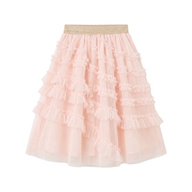 Angel & Rocket blush tiered ruffle tulle skirt with gold elasticated waistband, layered mesh detail