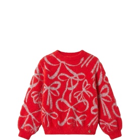 Angel & Rocket red and silver bow-print fluffy knit jumper for girls, long sleeves, crew neck, allover pattern