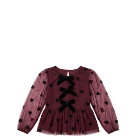 Berry tulle long-sleeve top with velvet heart print, three bow details at back, peplum hem, keyhole button fastening