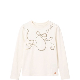 Angel & Rocket cream long-sleeve T-shirt with gold sequin bow and Love script graphic detail, crew neck