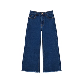 Angel & Rocket Denim Blue wide-leg cropped jeans with raw hem, high waist, five-pocket styling, 98% cotton