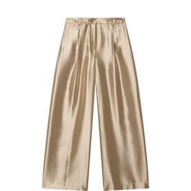 Mint Velvet gold wide-leg satin trousers with elasticated waist and pleated front detail