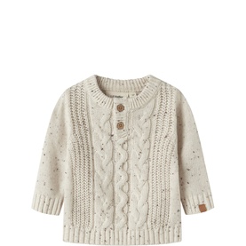 Lil Atelier baby cable-knit sweater in Turtledove, featuring speckled texture, button placket, and ribbed cuffs and hem