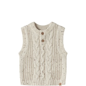 Lil Atelier Turtledove cable-knit sleeveless baby vest with wooden button placket and speckled texture