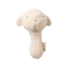 Lil Atelier turtledove plush lamb rattle with fluffy textured body, embroidered face, and slim handle grip
