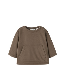 Lil Atelier Teak Sweat Top in teak brown with front kangaroo pocket, shoulder button detail, and long sleeves