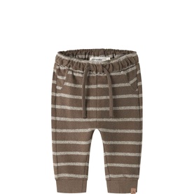 Lil Atelier baby knit trousers in teak, featuring cream horizontal stripes, elasticated drawstring waist, relaxed fit