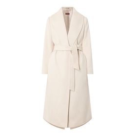 Max Mara Studio ecru virgin wool belted wrap coat with shawl collar and longline silhouette