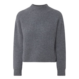 Max Mara Studio dark grey wool cashmere ribbed knit jumper with mock neck and raglan sleeves