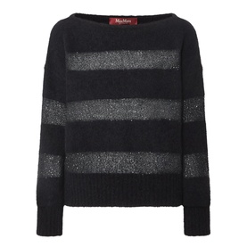 Max Mara Studio Divo Metallic-Yarn Striped Sweater in black with silver glitter stripes, boat neck, relaxed fit, long sleeves