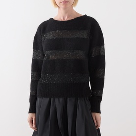 Model wearing Max Mara Studio Divo Metallic-Yarn Striped Sweater in black with gold shimmer stripes, boat neck, styled with dark midi skirt