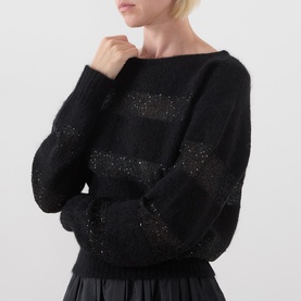 Model wearing Max Mara Studio Divo Metallic-Yarn Striped Sweater in black with boat neck and subtle sparkle stripe detail, styled with black skirt.