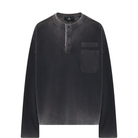 Represent Hemley Logo Henley Sweatshirt in Washed Black with button neckline, chest pocket, and long sleeves