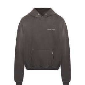 Represent dark grey cotton hoodie with kangaroo pocket, small chest logo, and drawstring hood