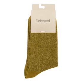 Selected Femme Fir Green metallic lurex socks with ribbed cuff, folded flat with branded tag
