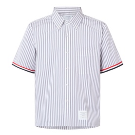 Thom Browne medium grey stripe cotton short-sleeve shirt with red, white and navy grosgrain cuff trim and logo patch