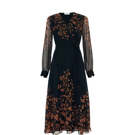 Phase Eight midi dress in black multi floral print, sheer long sleeves with cuffed detail and tie waist, A-line skirt