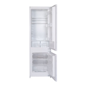 Powerpoint Built In 70/30 Fridge Freezer in white, shown open with interior shelving and freezer compartment below