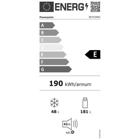 Powerpoint Built In 70/30 Fridge Freezer EU energy label, rated E, 190 kWh/annum, 48L freezer, 181L fridge, 42dB noise rating.