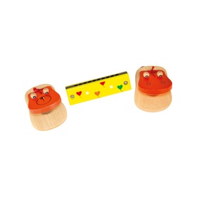 Bontempi wooden toy set in multi, featuring two bear-shaped castanets and a yellow harmonica with heart details