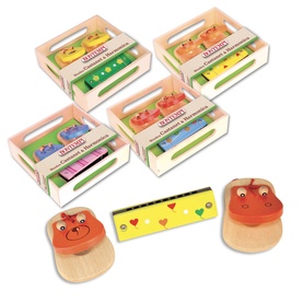 Bontempi Wooden Multi coloured harmonica set with bear-shaped wooden cases, shown in four boxed sets and loose pieces