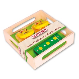 Bontempi Wooden Castanet & Harmonica set in multi-colour, displayed in natural wood crate with yellow duck castanet and green harmonica