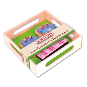 Bontempi Wooden Castanet & Harmonica Set in multi colours, presented in a pink wooden crate with green harmonica and purple castanets