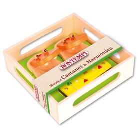 Bontempi Wooden Castanet & Harmonica set in multicolour, presented in a wooden crate with green inlay