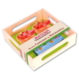 Bontempi Wooden Castanet & Harmonica Set in multicolour, presented in a natural wood gift crate
