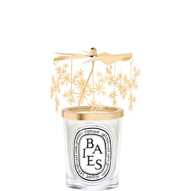 Diptyque Baies scented candle with gold star carousel topper gift set, white glass vessel with black label