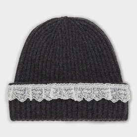 Ganni Phantom ribbed wool beanie with contrast white lace trim detail at folded brim