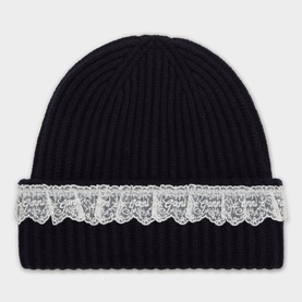 Ganni Lace Trim Beanie Hat in Sky Captain, ribbed knit with white lace trim on turned-up brim