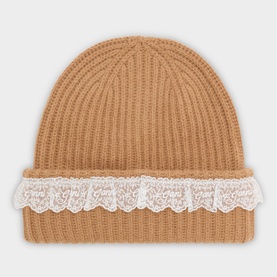 Ribbed Lace Trim Beanie Hat