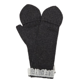 Ganni Lace Trim Mittens in Phantom dark grey wool with contrast white lace trim cuff detail, one size