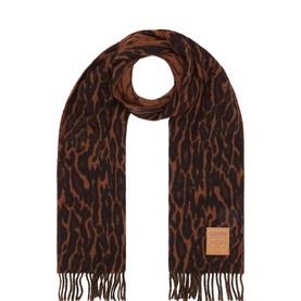 Ganni rawhide leopard-print wool scarf with fringed ends and tan leather logo patch