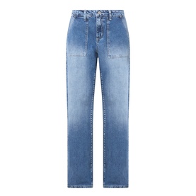 LAgence Atlantis wide leg jeans in mid-blue denim with elasticated waist, front patch pockets, and straight hem