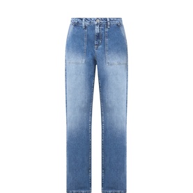 LAgence Atlantis wide leg jeans in mid-blue denim with elasticated waist, front patch pockets, and straight hem