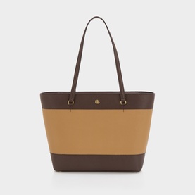 Lauren leather tote in camel and chestnut brown colourblock, dual shoulder straps, gold-tone hardware accent at centre front.
