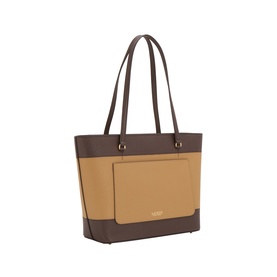 Lauren tote bag in camel and chestnut brown leather, two-tone design with front patch pocket and brown shoulder straps, gold-tone hardware