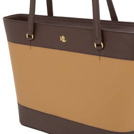 Lauren tote bag in camel and chestnut brown leather with colour-block panelling, dual shoulder straps and gold-tone logo hardware