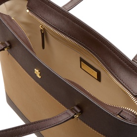 Lauren tote in chestnut brown leather, interior view showing camel lining, gold-tone zip pockets and branded plaque detail