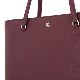 Lauren Dark Garnet leather tote bag, close-up showing silver RL logo charm and dual top handles with cross-grain texture detail.