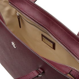 Lauren Dark Garnet leather tote bag, open top view showing beige interior lining, zip pocket, and gold-tone hardware detail