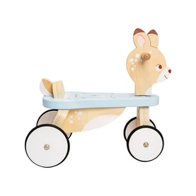 Le Toy Van Petilou wooden deer ride-on toy with light blue body, four white wheels, and painted fawn details